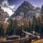 A scenic view of mountain cabins surrounded by towering mountains and trees under a cloudy sky.