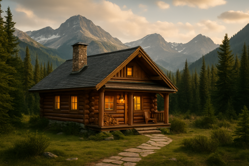 Cozy log cabin warmly lit at dusk, surrounded by towering mountains and lush trees, inviting for a mountain getaway.