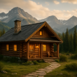 Cozy log cabin warmly lit at dusk, surrounded by towering mountains and lush trees, inviting for a mountain getaway.