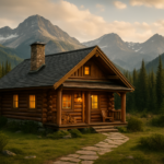 Cozy log cabin warmly lit at dusk, surrounded by towering mountains and lush trees, inviting for a mountain getaway.